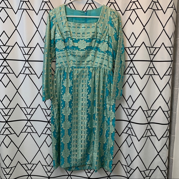 Vintage handmade 60s gold metallic peacock blue shift dress - Picture 9 of 12